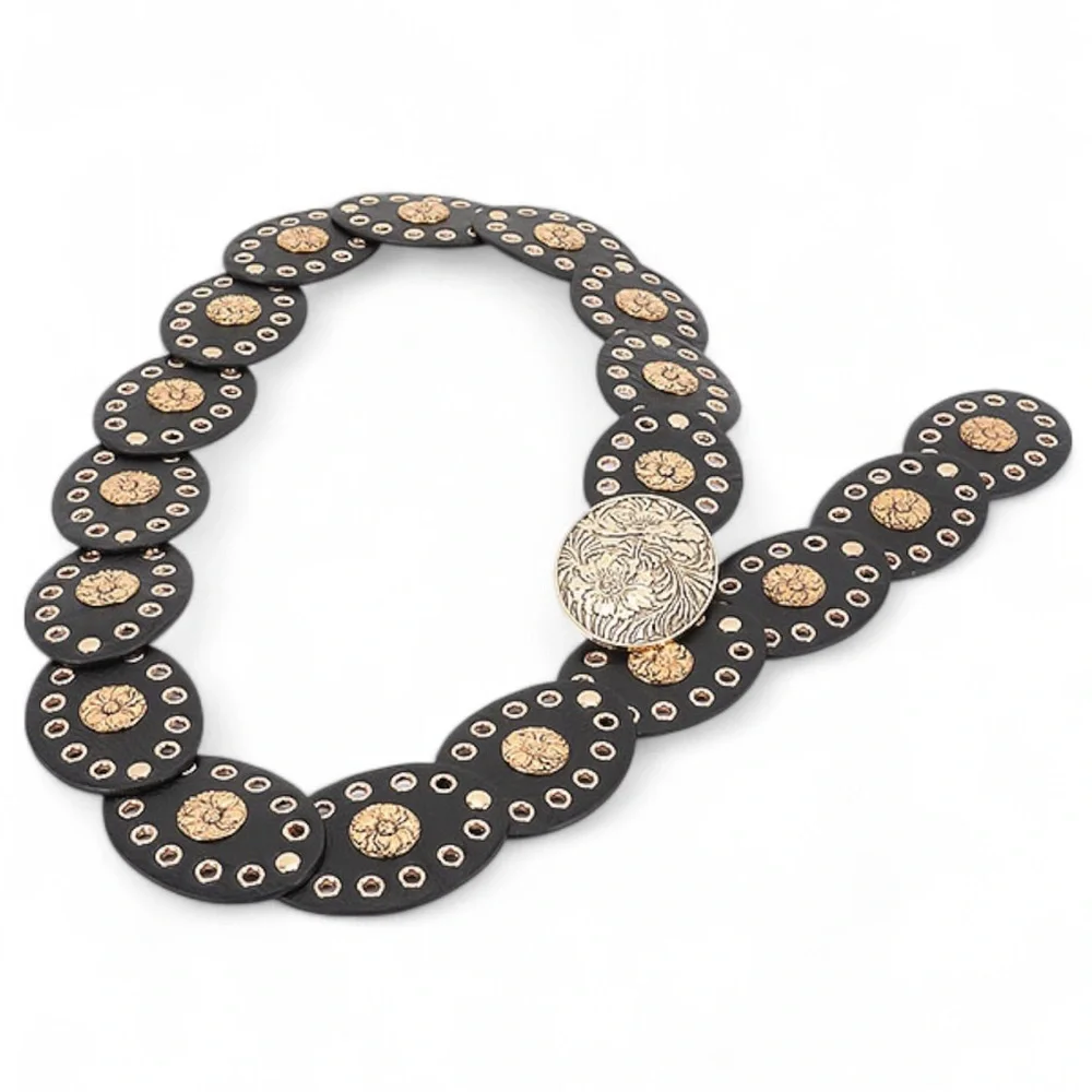 Black Engraved Round Circle Concho Western Statement Belt